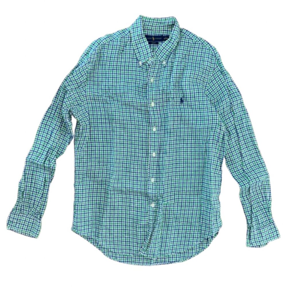 Ralph Lauren SLIM FIT Men Button Down Shirt LINEN Long Sleeve Plaid Collar green